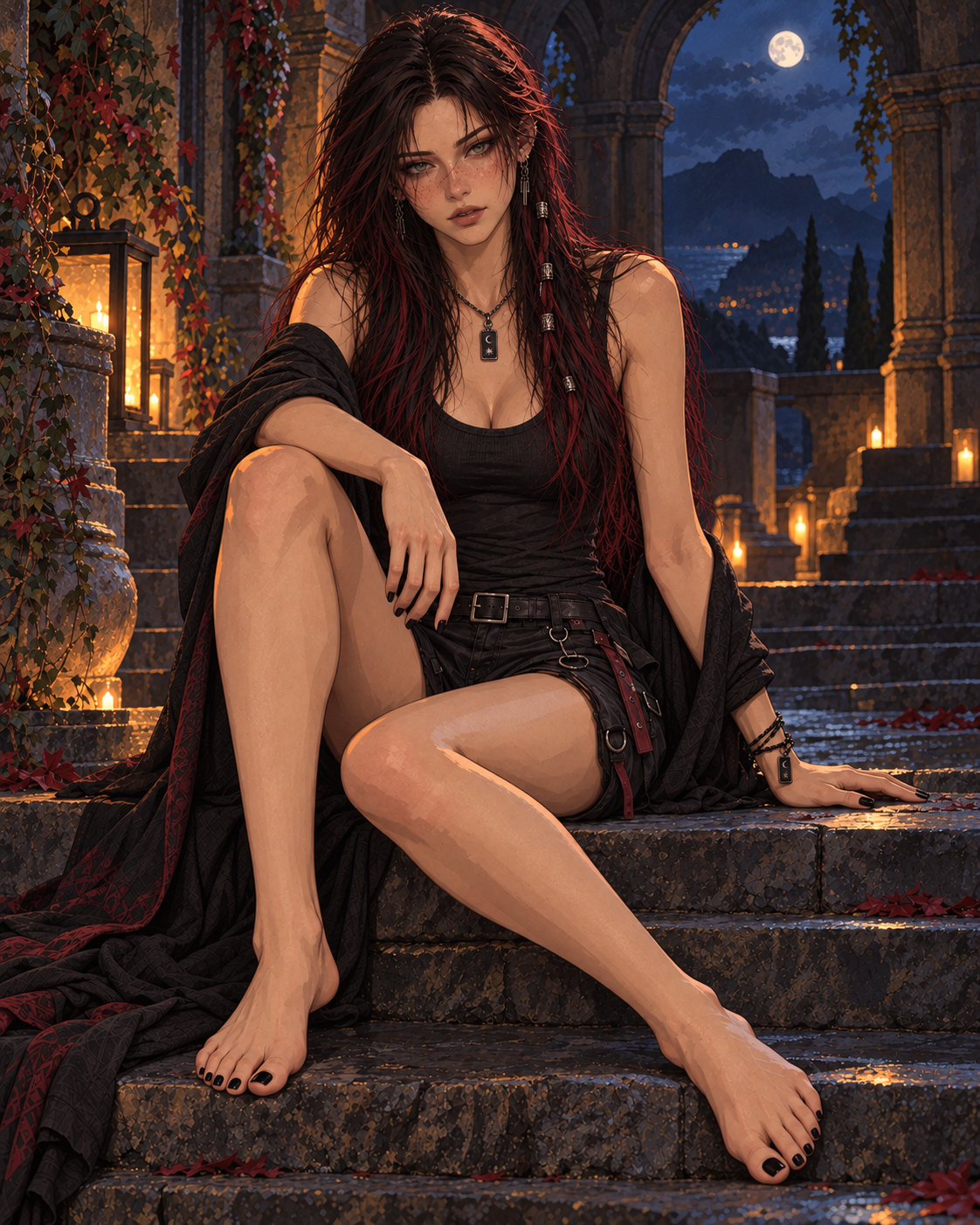 Nyx mit langem dunklem Haar sitzt in schwarzem Oberteil und Shorts auf steinernen Nachtstufen zwischen blauem Mondlicht und warmen Kerzen.